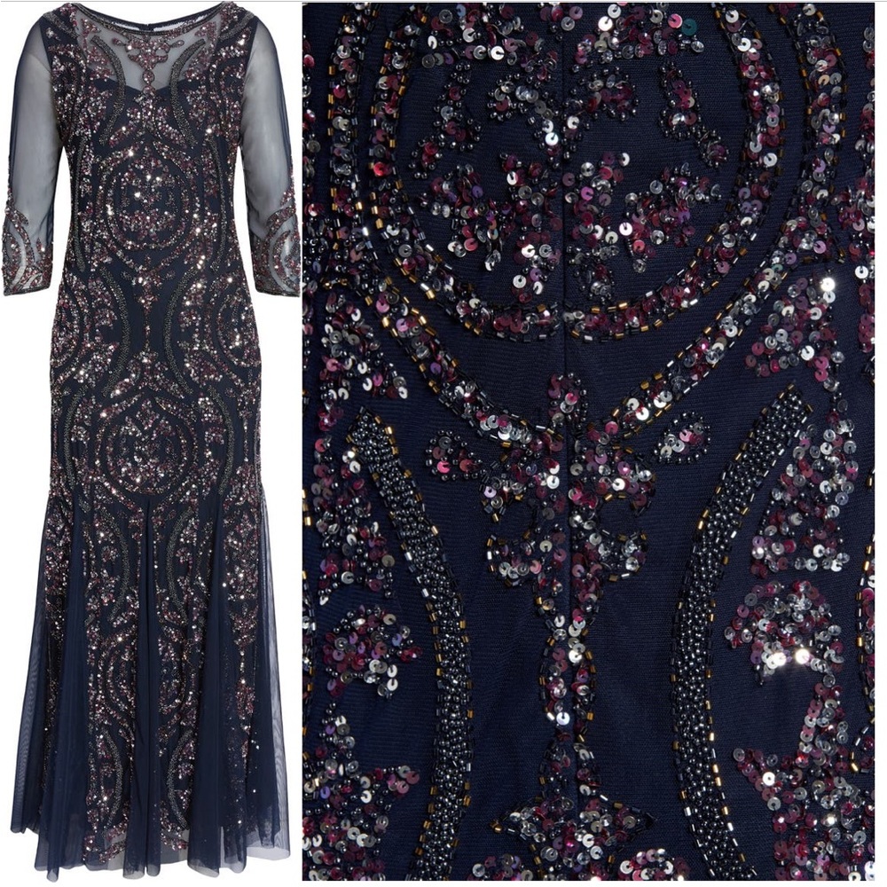 NWT Pisarro Nights sequin beaded illusion dress 12P Slate
